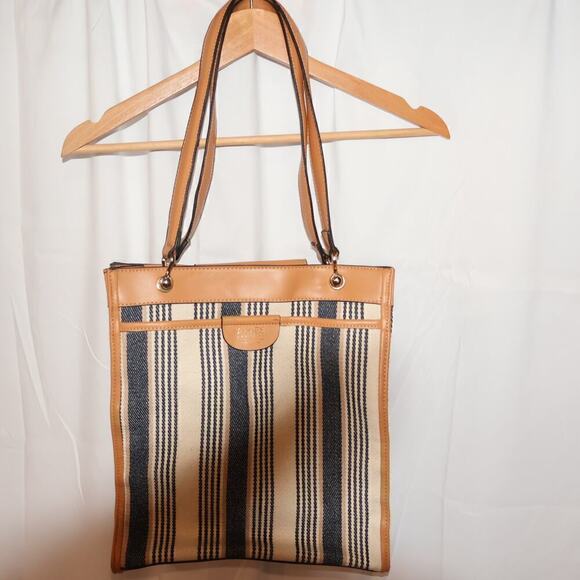 NWOT Jones New York Signature Bag Tan Blue White Stripe, Outside pocket - Picture 8 of 14